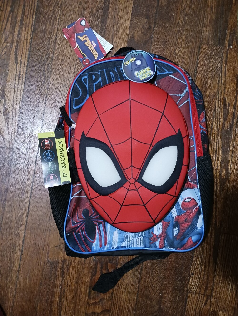 SPIDERMAN Lights Up Backpack, 17in Black/Red Spider-man Padded Straps New